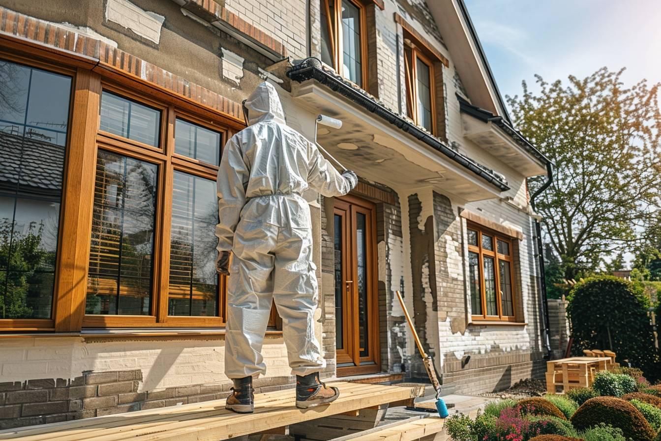 Artisan appliquant un revêtement lors d’un ravalement de façade à Fleury-les-Aubrais
