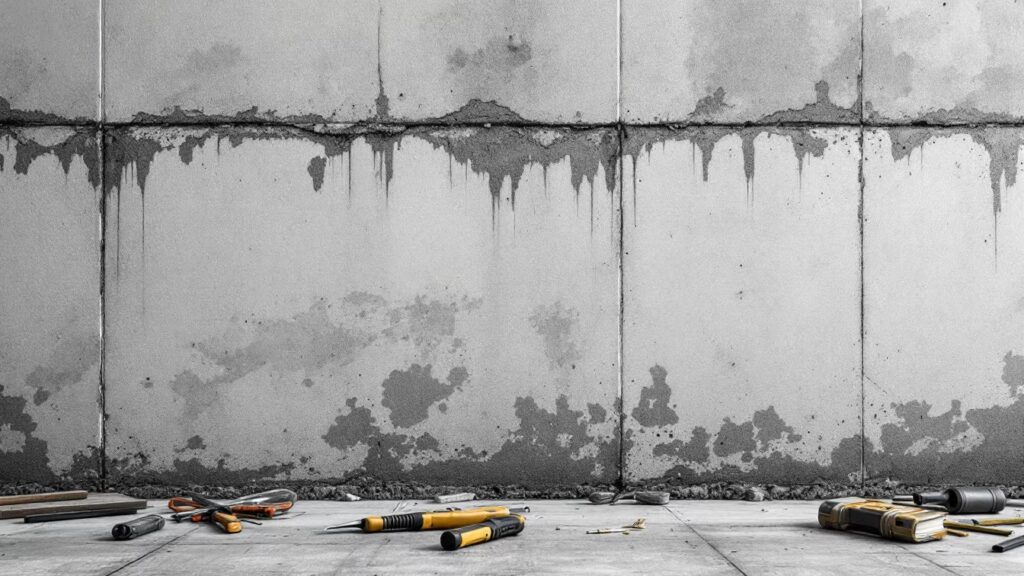 Façade avec gouttières, des traces d’humidité sous une descente, des fixations visibles et des outils de chantier au pied du mur.