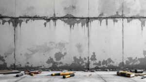 Façade avec gouttières, des traces d’humidité sous une descente, des fixations visibles et des outils de chantier au pied du mur.